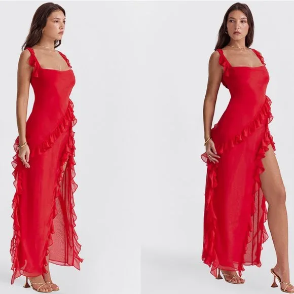 HOUSE OF CB 'Ariela' Cherry Ruffle Maxi Dress NWOT - Picture 3 of 11